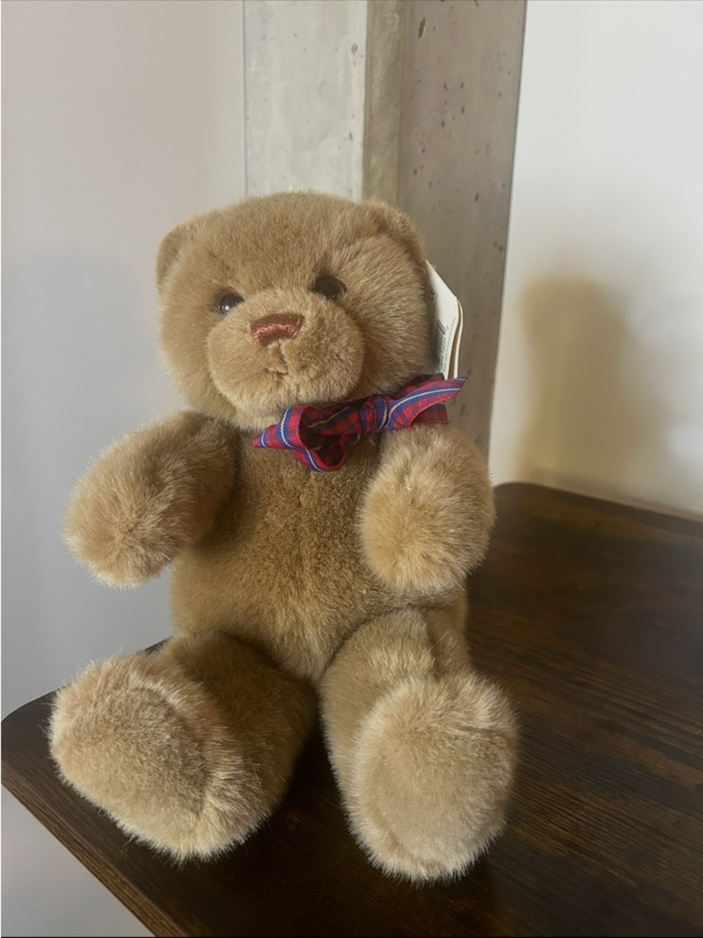 Gund Tan Plush Teddy Bear with Red and Blue Plaid Bow